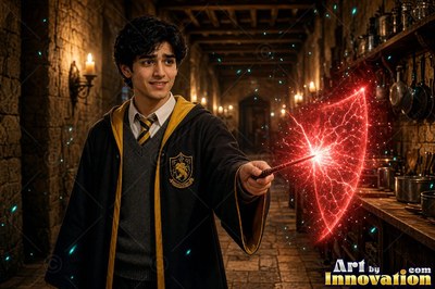A man in a dark yellow-trimmed robe points a wand casting red light in a stone hall