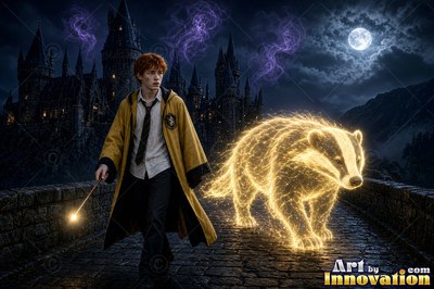 On a stone bridge at night, a man in yellow robes walks beside a bright badger