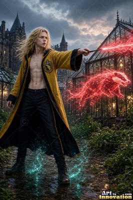 Casting with a wand, a man with blond hair in a yellow robe creates a red badger outside a greenhouse