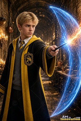 Young blond man in black and yellow robes points a wand with blue sparks