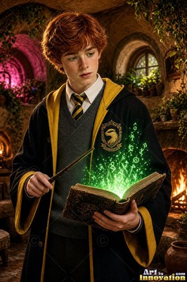 A youthful man in a yellow-lined robe holds a wand near a green magical book inside a stone room