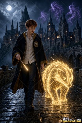 A man in his youth walks on a wet stone bridge beside a bright yellow badger of light