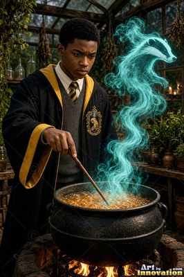 Leaning over a bubbling pot in a greenhouse, a young man summons blue badger smoke