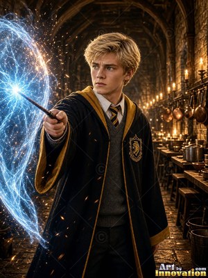 A young blond man in a black school robe casts bright blue sparks with his wand