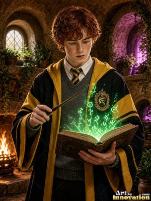 In a stone hall, a young man in black and yellow robes holds a wand and an open book