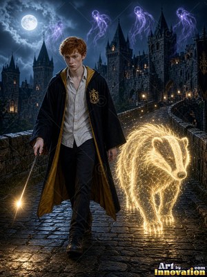 Walking a castle bridge, a young red-haired man guides a bright badger with his wand