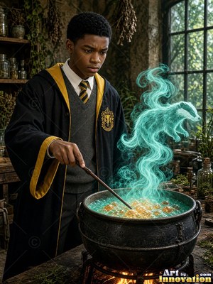 A youthful man casts magic over a cauldron to conjure a smoky teal badger