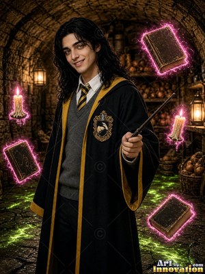 Yellow trim edges the black robes of a smiling man holding a wand in a stone cellar with floating books