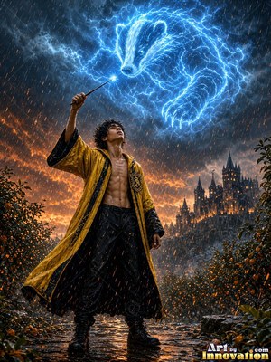 A man in an open yellow robe raises his wand to summon a bright blue badger