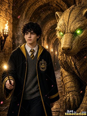 Facing forward in a stone hall, a young man holds a lit wand beside a giant badger beast
