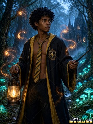 A younger man in an open black robe holds a lantern in a dark woods