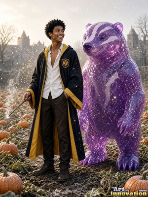 In a pumpkin patch, a young man clasps a wand beside a purple badger