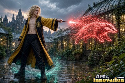 Casting with his wand, a man sends a bright red badger shape into the air