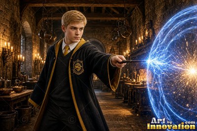 Young blond-haired man in black robes casting a bright blue spark from his wand