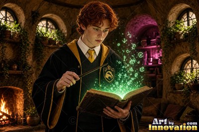 Curly red hair frames a young man in robes reading a spellbook inside a stone room