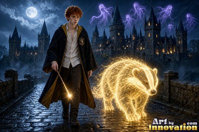 A young man walks with a bright yellow badger made of light on a wet stone bridge