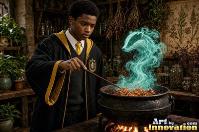 Leaning forward in a greenhouse, a youthful man points his wand over a smoking cauldron