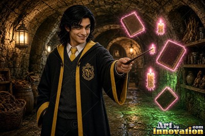 A smiling young man in a black and yellow robe floats books with his wand