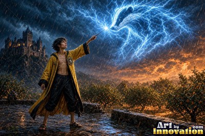 On a rainy stone terrace, a man in a yellow robe casts a blue lightning badger
