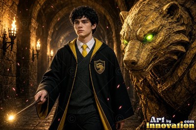 Holding a wand, a younger man in dark robes walks beside a carved stone badger