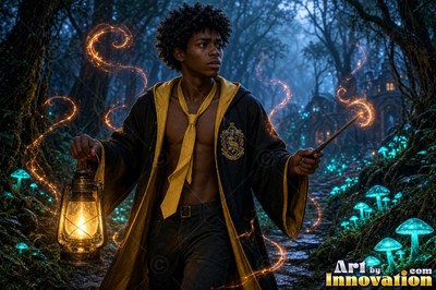 Youthful man in yellow robes holding a wand and lantern in a dark wood