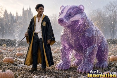 A youthful man in yellow-lined black robes stands by a giant purple badger in a pumpkin patch