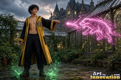 A young man casts a pink light badger from his wand beside a glass greenhouse