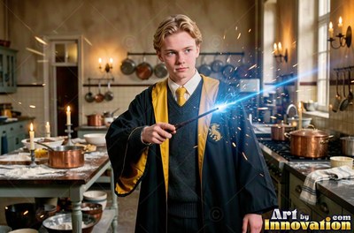 Facing forward in a kitchen, a man points a wand that shoots blue sparks