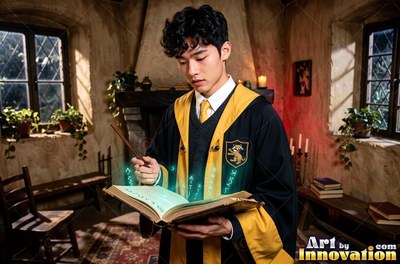A young man in a yellow-lined robe points his wand over an open spellbook