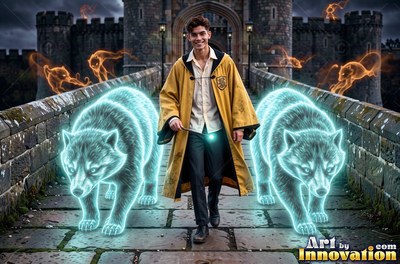 On a stone bridge, a smiling man in a yellow robe walks with two blue badgers