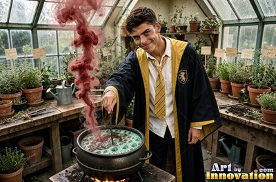 Stirring a bubbling cauldron, a younger man in a yellow tie smiles inside a greenhouse