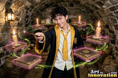 Young man in a black and yellow robe floats books with a wand