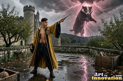 Wearing an open yellow robe, a man raises a wand on a wet castle roof before a giant badger in pink lightning