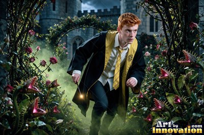 A young red-haired man runs through snapping plants with a bright spark on his wand