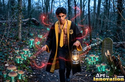 Walking toward us in dark woods, a man holds a lantern and a wand