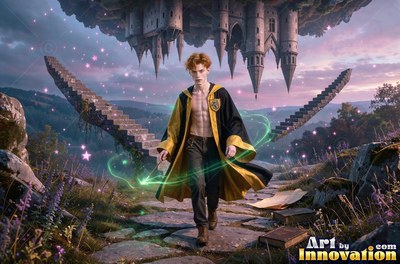 A shirtless youthful man in an open black and yellow robe walks down a stony path