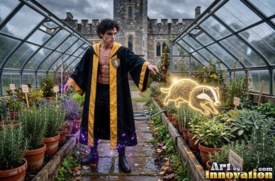 In a greenhouse, a shirtless man in a black robe conjures a bright yellow badger