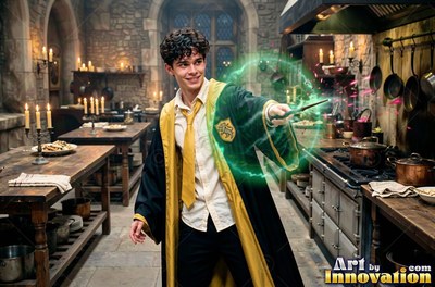 Casting green sparks from his wand, a smiling man in his youth stands in a stone kitchen