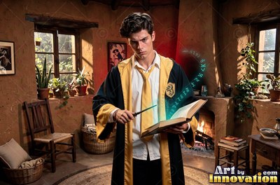A young man in yellow robes points a wand at an open book