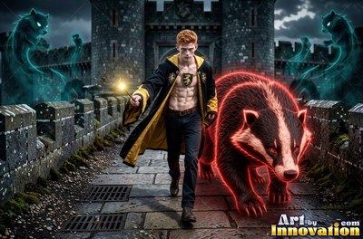 In an open yellow and black robe, a shirtless man walks a stone castle bridge with a huge badger