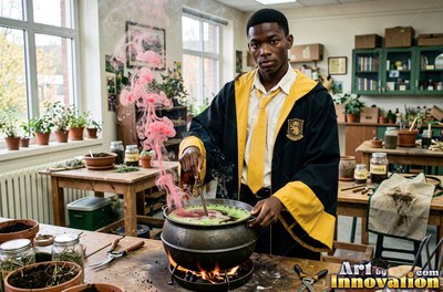 A young man stirs a black cauldron that releases pink smoke in a sunlit classroom