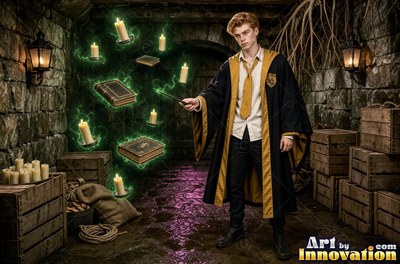 Standing in a stone cellar, a younger man raises a wand to float books and candles