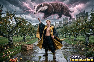 A man in yellow robes points his wand as a giant badger appears in the storm clouds