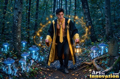 Walking down a dark forest path, a bare-chested man holds a lantern and wand