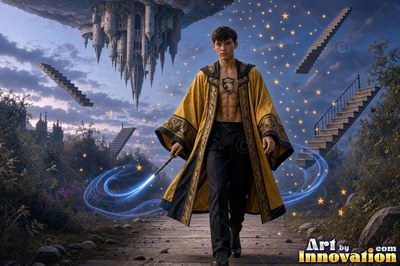 Man in an open yellow robe walking with a magic wand