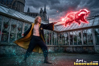 Bare-chested under an open black robe, a yellow-haired man casts a fiery red badger outside a greenhouse