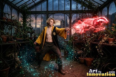 Standing wide in a greenhouse, a shirtless man casts a red badger from his wand