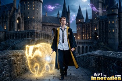 On a castle bridge, a younger man in dark robes walks with a bright badger spirit