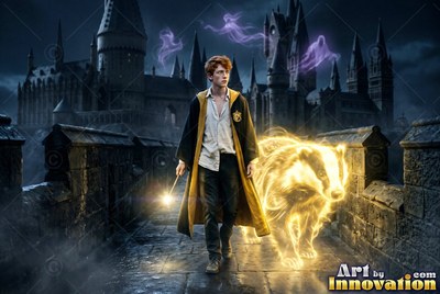 Walking a castle bridge, a man in his youth holds a lit wand beside a bright yellow badger