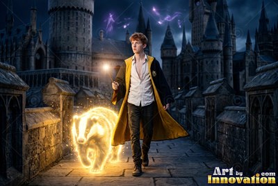 Wearing a yellow-lined robe, a young man walks on a stone castle bridge beside a bright badger